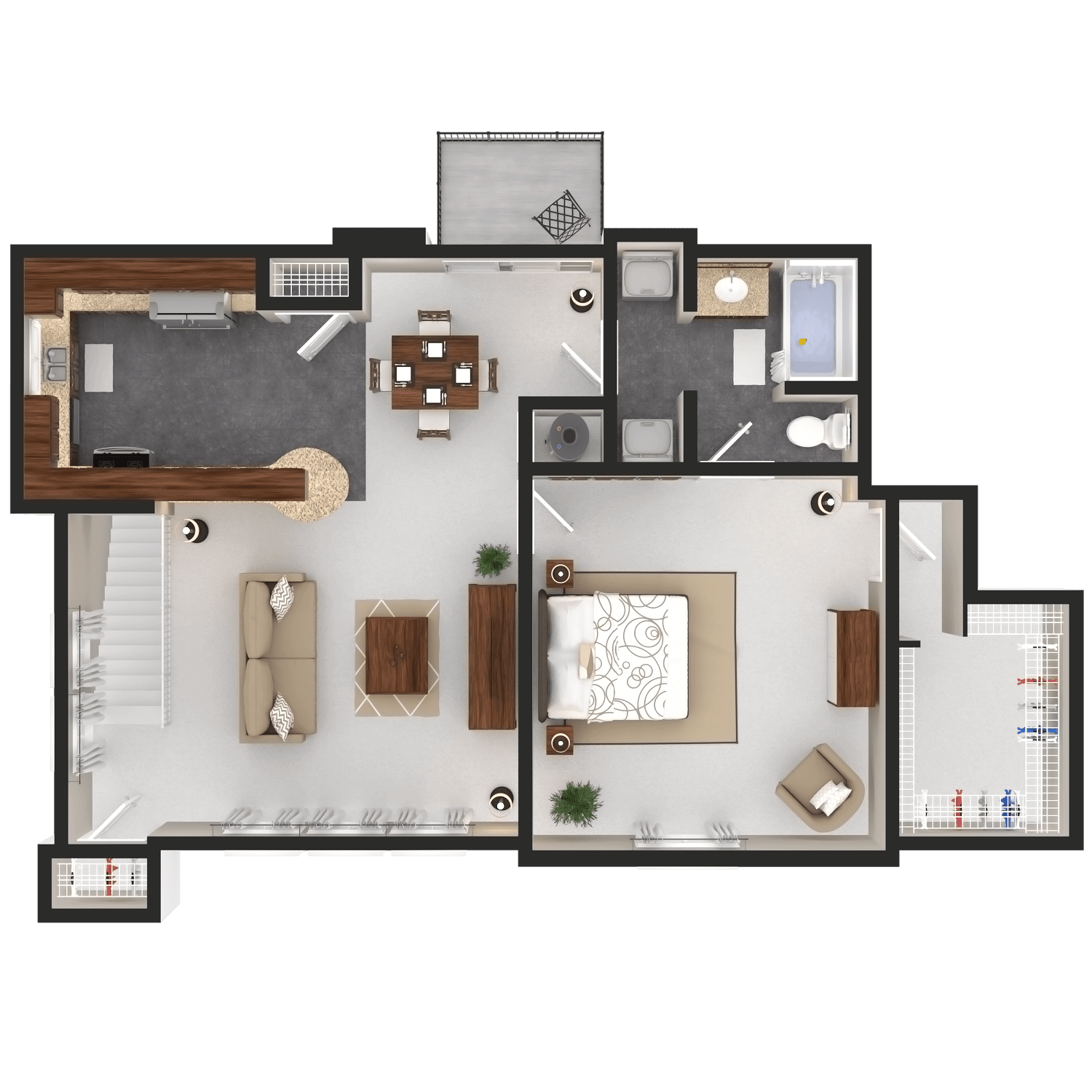 A top-down view of a house floor plan with a living room